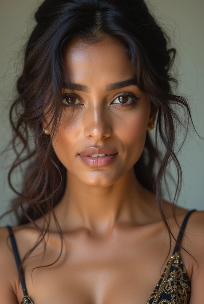 Una hermosa foto RAW, fotorrealista, La mejor calidad, hermosa morena, Piel detallada, look would be,  Photo of beautiful Mexican-indian ebony woman, Androide 18 de Dragon Ball, super sexi, pose exitante, enfoque desde atras