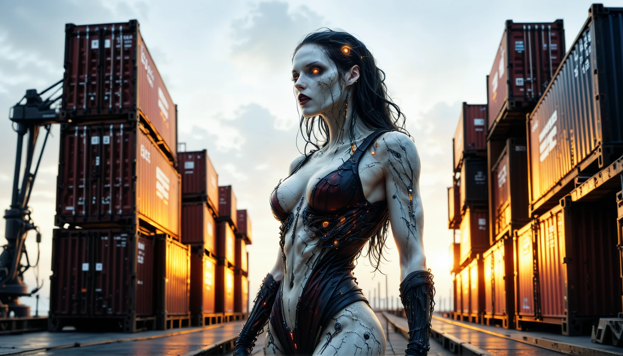 cybernetic corruption, seductive cybernatic vampire,Docks at Dawn: Lone vampire with bronze dreadlocks, amber ocular implants, wearing a sleeveless armored vest. She stands on empty cargo docks as sunrise illuminates container stacks.