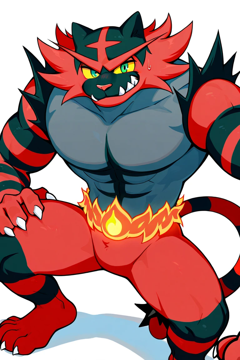 incineroar, full body,score_9, score_8_up, score_7_up, score_6_up, score_5_up, score_4_up,((incineroar(pokemon),male furry)),yellow eyes, (pose:1.3), (posing:1.3), (soft shading), 4k, hi res, five fingers, detailed hands, ((detailed face, (detailed eyes:1.3), detailed)), (((full body))),show legs,show feet,(by metokuron:1.5), solo, looking at viewer, 1boy, standing, male focus,((topless,bottomless)), abs, biceps, flexing, smile,