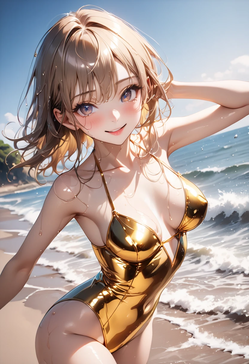 ((masterpiece, high quality, high resolution, absurd, super detailed, High saturation、8k)),real,cowboy shot,(gold one piece swimsuit:1.5),(colorful fluorescence multicolored hair:1.2),(1girl),(stand:1.5),large breasts:1.2,forehead,forced smile,cute face、beautiful eyes、fluorescent hair, (on the beach)、