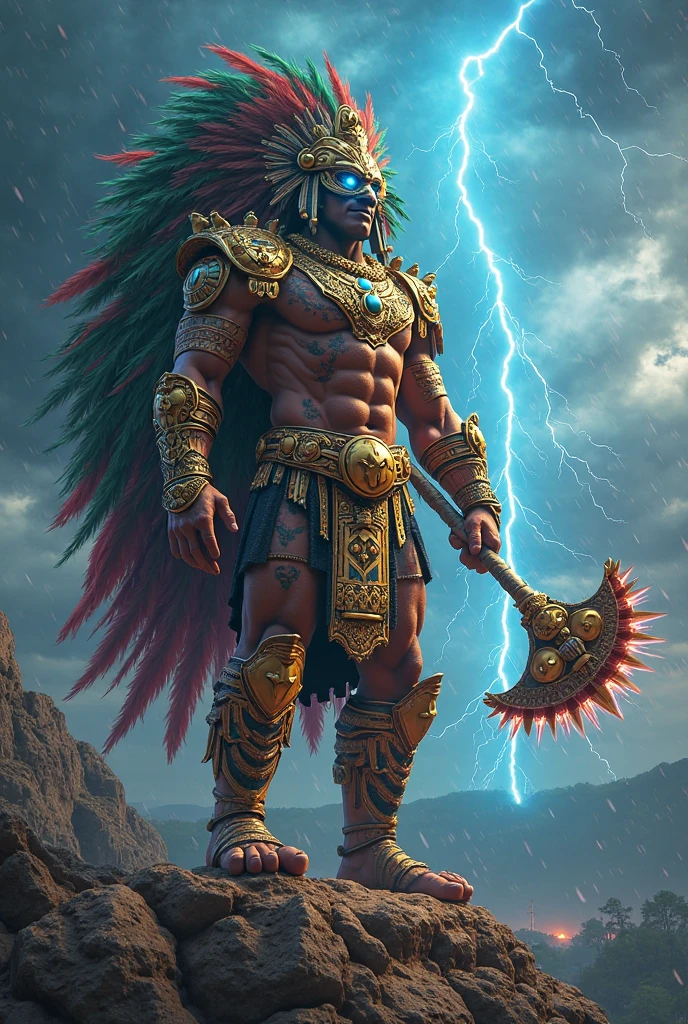 God Chaac, very manly with an impressive plume of feathers and thunder