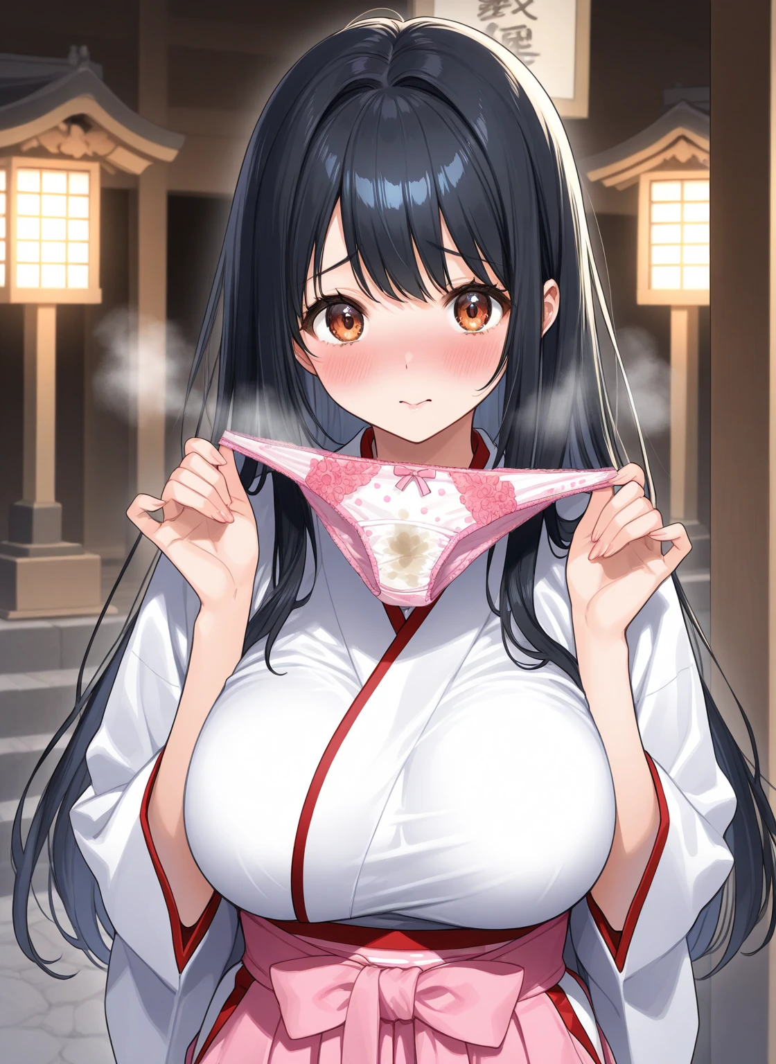 Young Borei Reimu、Miko costume、blush、Close your eyes and scream、Sweat、summer、Leg spread、Spread your legs、sit、Big Breasts、Underwear is visible、Clothes are see-through、Underwear wedgie、See-through panties、See-through pussy、Overflowing large amount of love juice、A large amount of thick 、Masturbation、masturbation behavior、Put your finger in your pussy