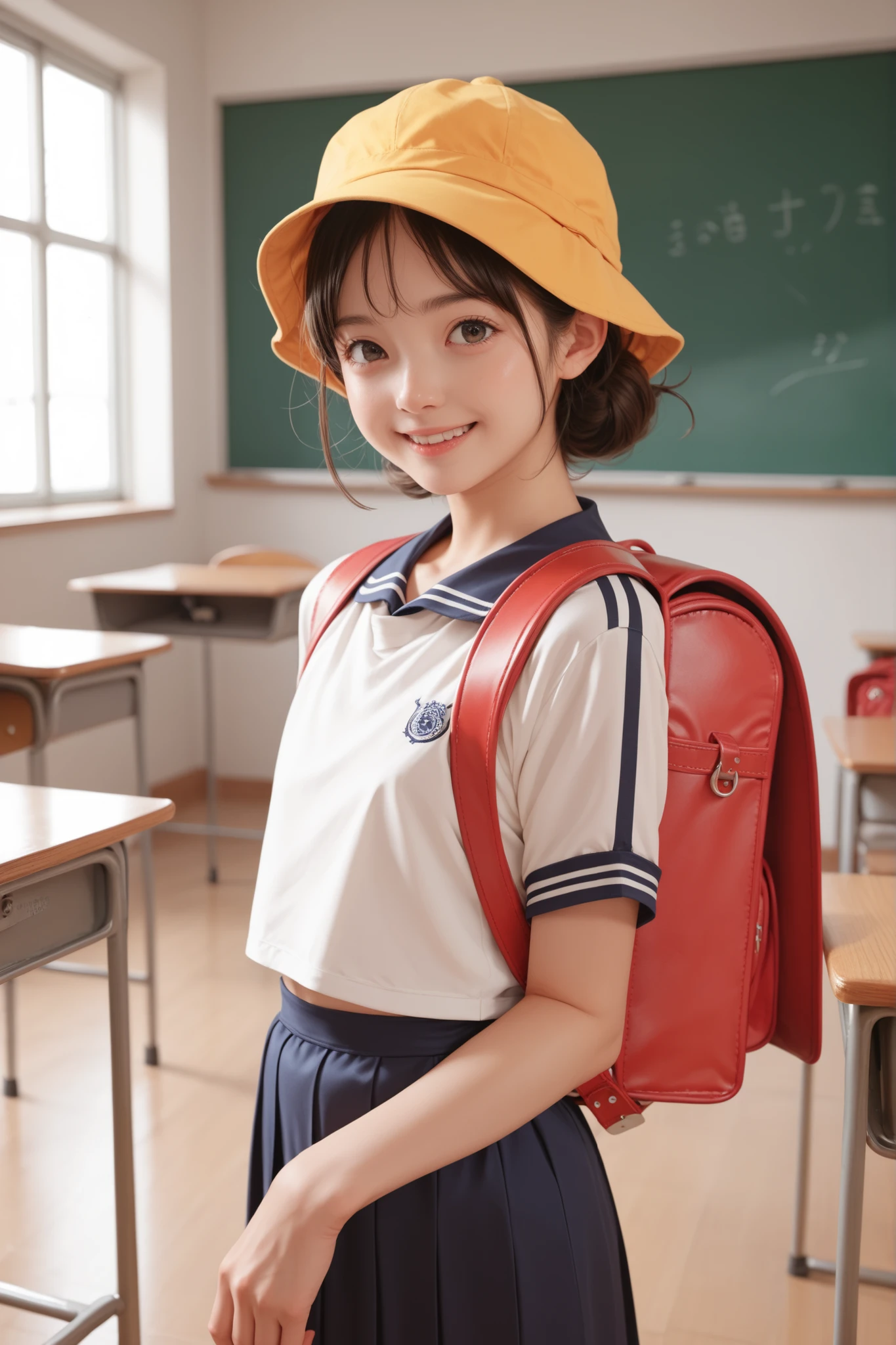1 girl,school classroom,gap,,Luanie0159 ,satchel,gym clothes,backpack,yellow hat,school hat, score_9, score_8_up, score_7_up, score_6_up, score_9, score_8_up, score_7_up, score_6_up source_anime, , 1 girl, Deuce Smile, Perfect Body , natural flat chest