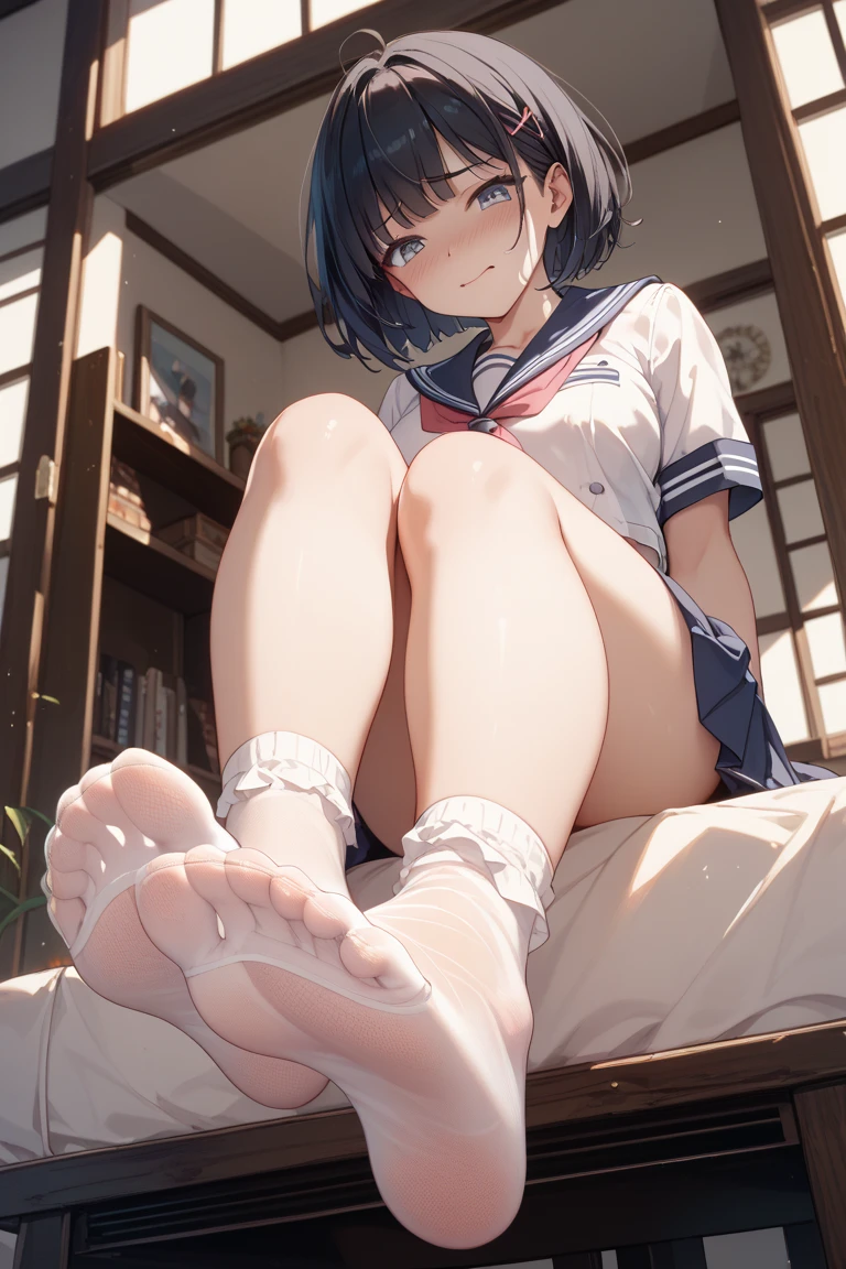 On a school desk、Girl with long black hair、(White shirt、See-through bra、The bra is see-through、See-through orange bra)、(Blue it on the desk with your legs open、Showing off her cute white underwear)、(barefoot、cute leather shoes)