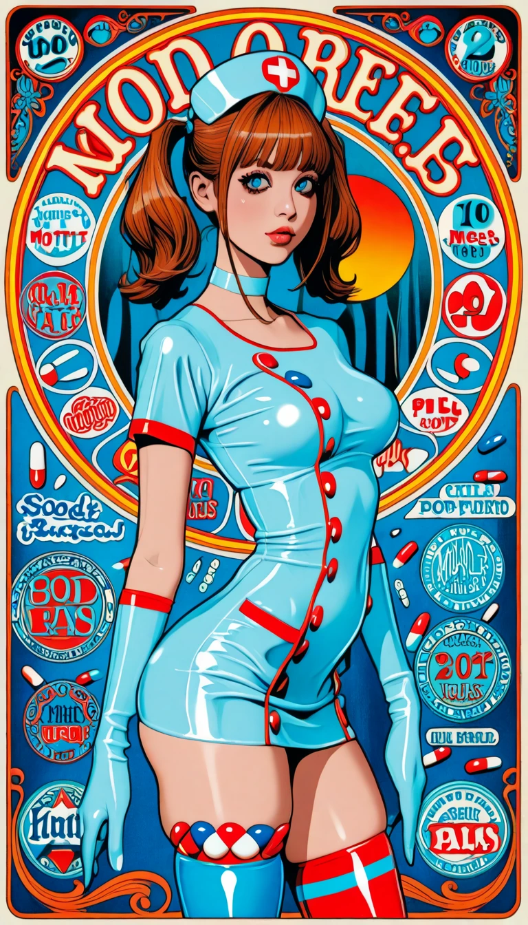 there is a woman with a nurse hat holding a plate, by Dave Arredondo, martin ansin artwork portrait, jen bartel, nurse, martin ansin, beeple and james jean, phil noto and james jean, by Eddie Mendoza, beeple and jeremiah ketner, alex gross, nurse girl, inspired by Tadanori Yokoo