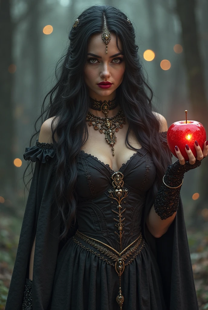 Black long hair,Black Queen,Accessories,Apple in hand,Poison apples,Witch Queen,Red lipstick