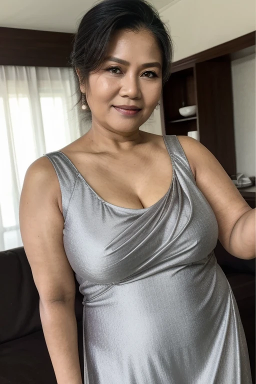 masterpiece, top quality, high resolution, Photorealistic, Raw photography, 8k, professional lighting, very detailed. (a naked Thai woman), (naked body), a 65 year old naked Thai woman, in the room, Look at the viewer's eyes, old face, has wrinkles on the face, beautiful eyes, bangs, very large breasts E sized nipples large breasts with good shape, short hair, thick lips, hairy pussy, sitting on the bed, showing the whole body, wet sweating