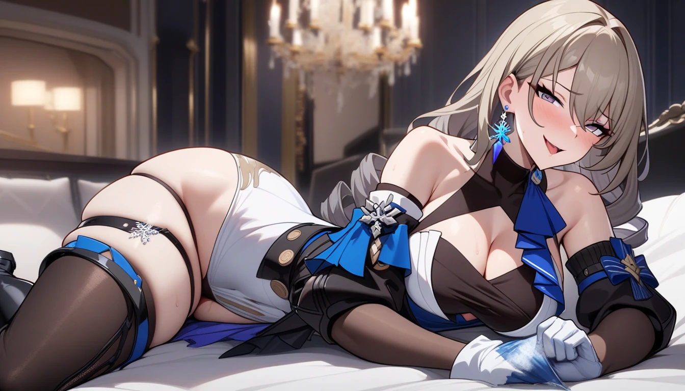 (((masterpiece))),(((best quality))),(ultra-detailed,high resolution:1.2),(illustration),((an extremely delicate and beautiful)),(detailed background), (((wrestling ring))), (lying on back),from above, ((1girl)and(1muscular boy)), hetero, (1girl,tall stature),((((Bronya Rand/(Honkai:star rail/)))),official alternate costume, (slender body:1.4), (long hair,drill hair),grey hair,hair between eyes, grey eyes, (large breasts), pale skin,shiny skin, evil grin, ((She wears dress,white dress, black silk stokings,leggings,black footwear, thigh boots, elbow gloves,black gloves, long sleeves, sleeveless, jewelry,earrings)), (cum in mouth:1.4),cum on clothes,cum on breasts,excessive cum, clothing aside, clothed, veiny penis,(((ejaculation))),((((handjob)))), ((((1muscular boy,tall stature)))),large penis,dark-skinned muscular boy,interracial,