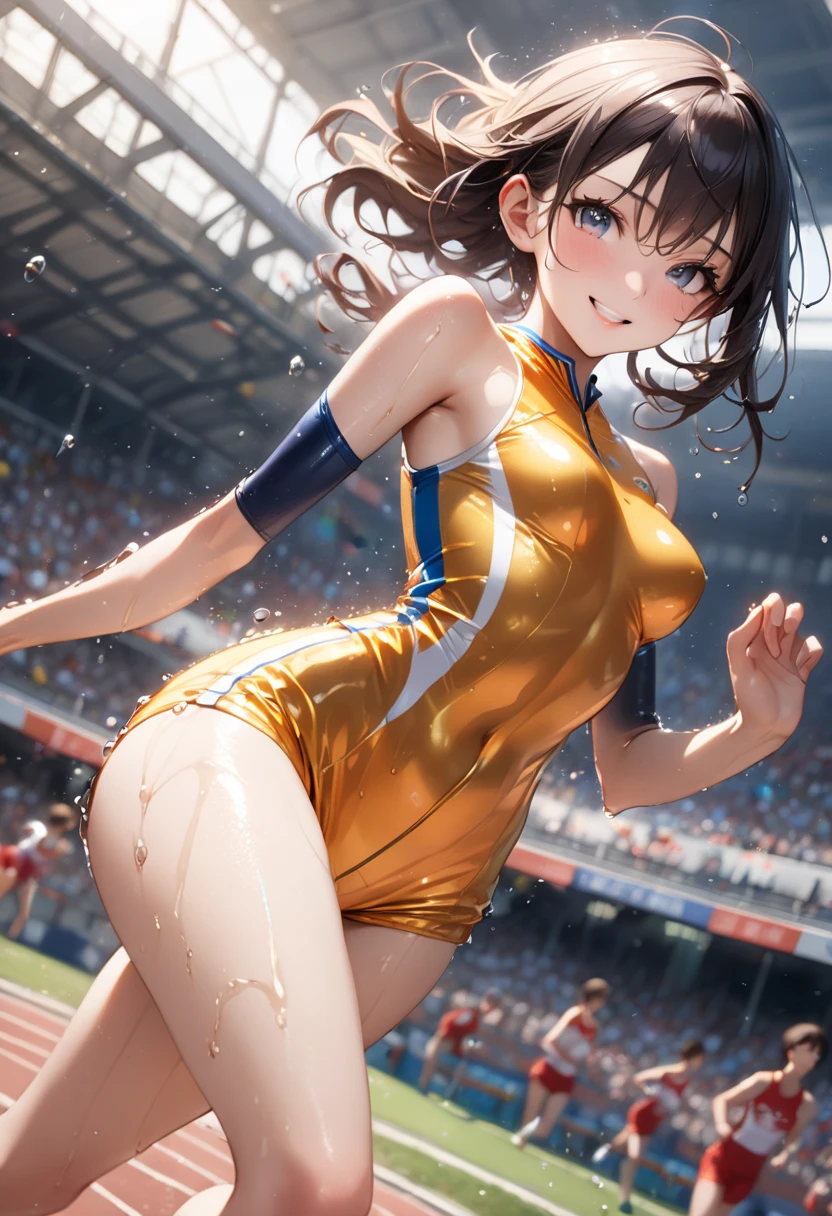 (high quality1.4), (finely detail:1.4), (nsfw), 1girl,(slender), (blunt bangs), (side-parted bangs), (medium breasts), (covered erectile nipples), brown eyes, dark orange hair, ((double bun)), (yellow tassel hair ornament:1.3), (swept bangs), armpit, ((shining gold leotard)), (cameltoe), solo, ((very bright stadium:1.4)), (8K, ultra high res, masterpiece, best quality:1.2),