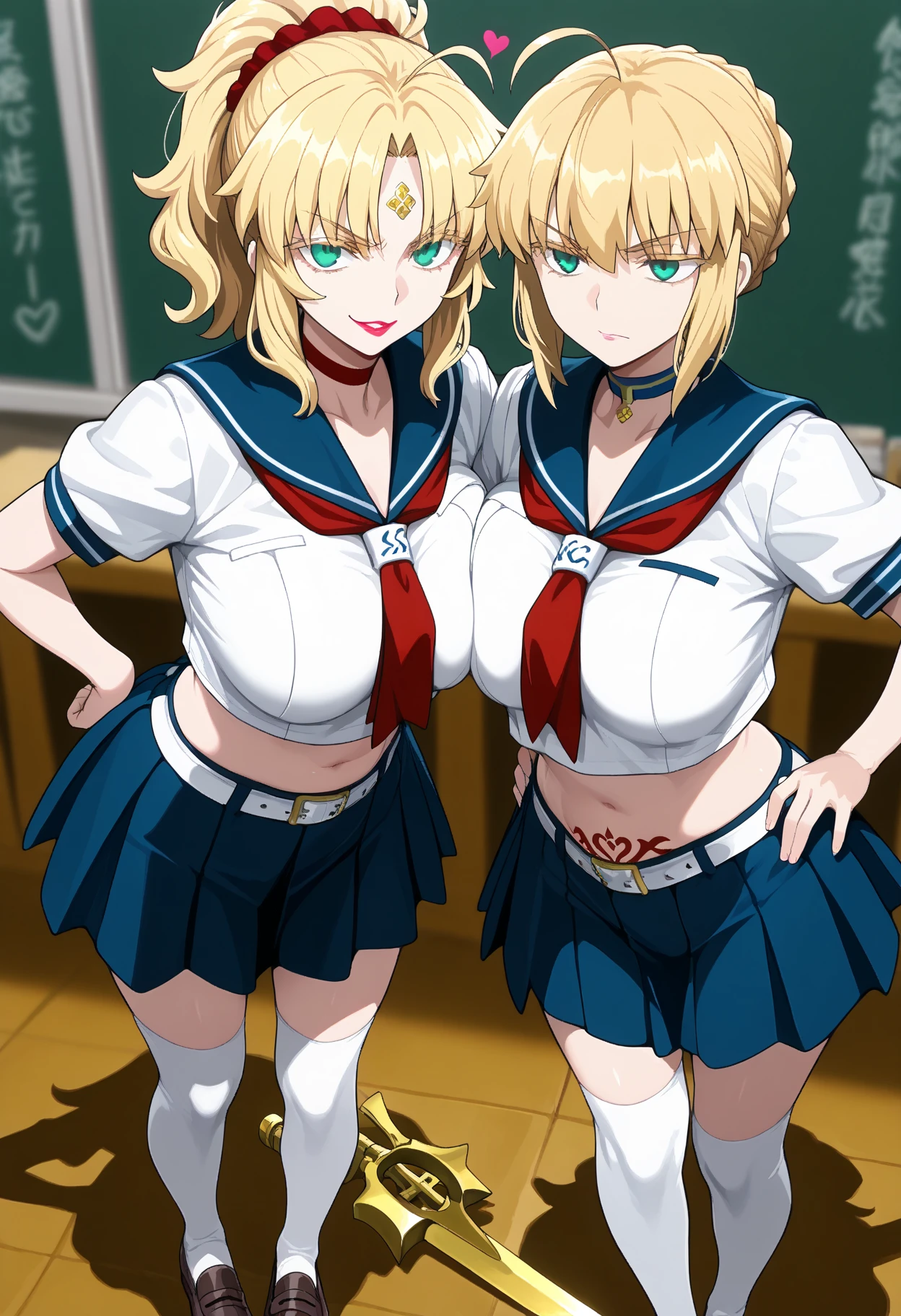 masterpiece, best quality,  1girl, white background, <lora:AliceLoraV1:1> alicedv,short twintails,orange hair,orange eyes,hair ornament, (medium breasts), school uniform,white tied shirt,(blue skirt),navel, midriff, smirk,parted lips, frowning, narrow eyes, evil smile, teeth, <lora:virus_under:1> (mtu virus:1.0), (multiple views:1.2), from below