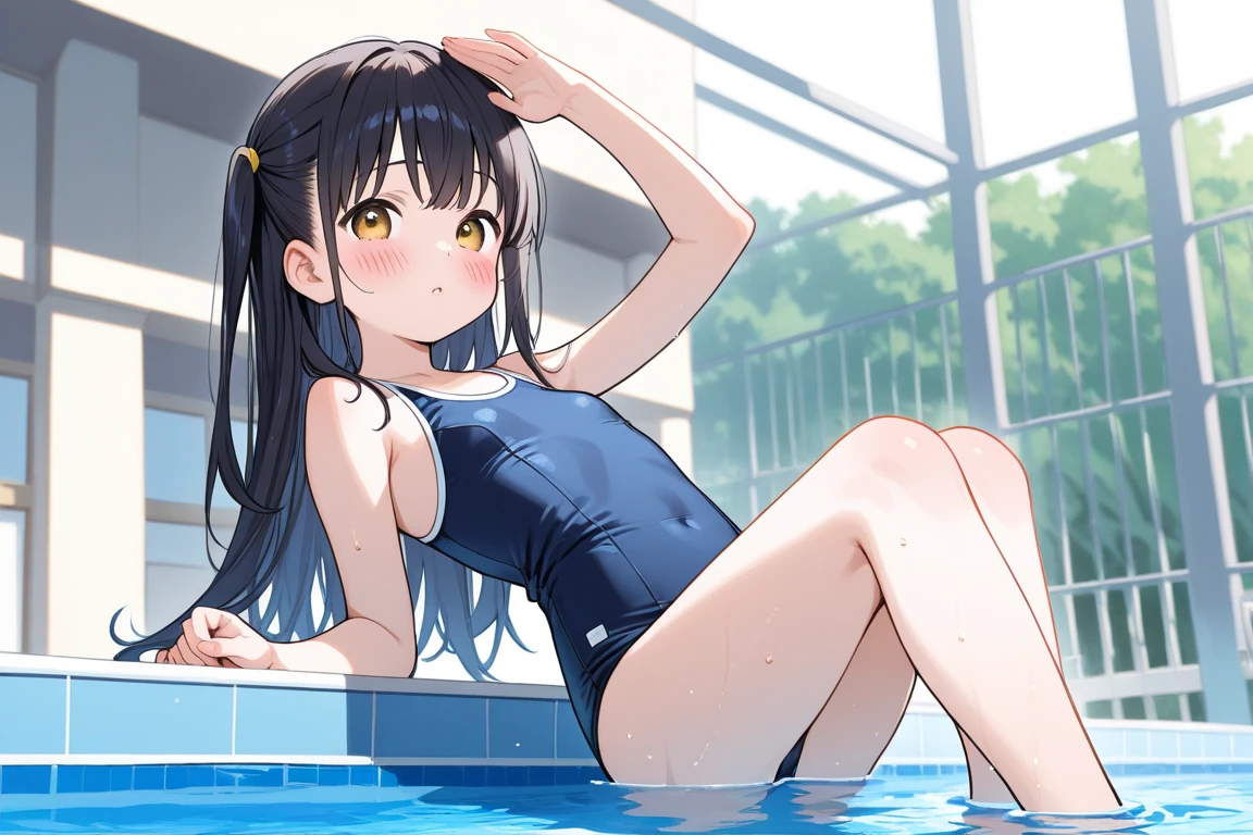 ultra-Top-quality by art God, ultra-detailed, high resolution, shinkai makoto style, anime moe artstyle, best anime 8k konachan wallpaper, pixiv contest winner, perfect anatomy, break,(Please draw a picture of a girl in a swimsuit sitting on a bench by the poolside alone.),break, a hyperrealistic school girl, parted lips, (Solo,ta, kid, 13-year-old:1.3),Full limbs, complete fingers, androgynous charm, very long hair, wet hair, small breasts,slender body, Small butt, groin, Small black eyes,hanme,beautiful detailed eyes, well-proportioned iris and pupils, sleepily, highres detailed hair, swimsuit, wet swimsuit, bare shoulders, thighs, in the school pool. break,super detailed skin, shiny skin, Best lighting powered by famous artist, 8k, illustration,UHD, textured skin,break,((artist:toosaka_asagi )), artist:clamp ,artist:carnelian ,artist:kantoku ,