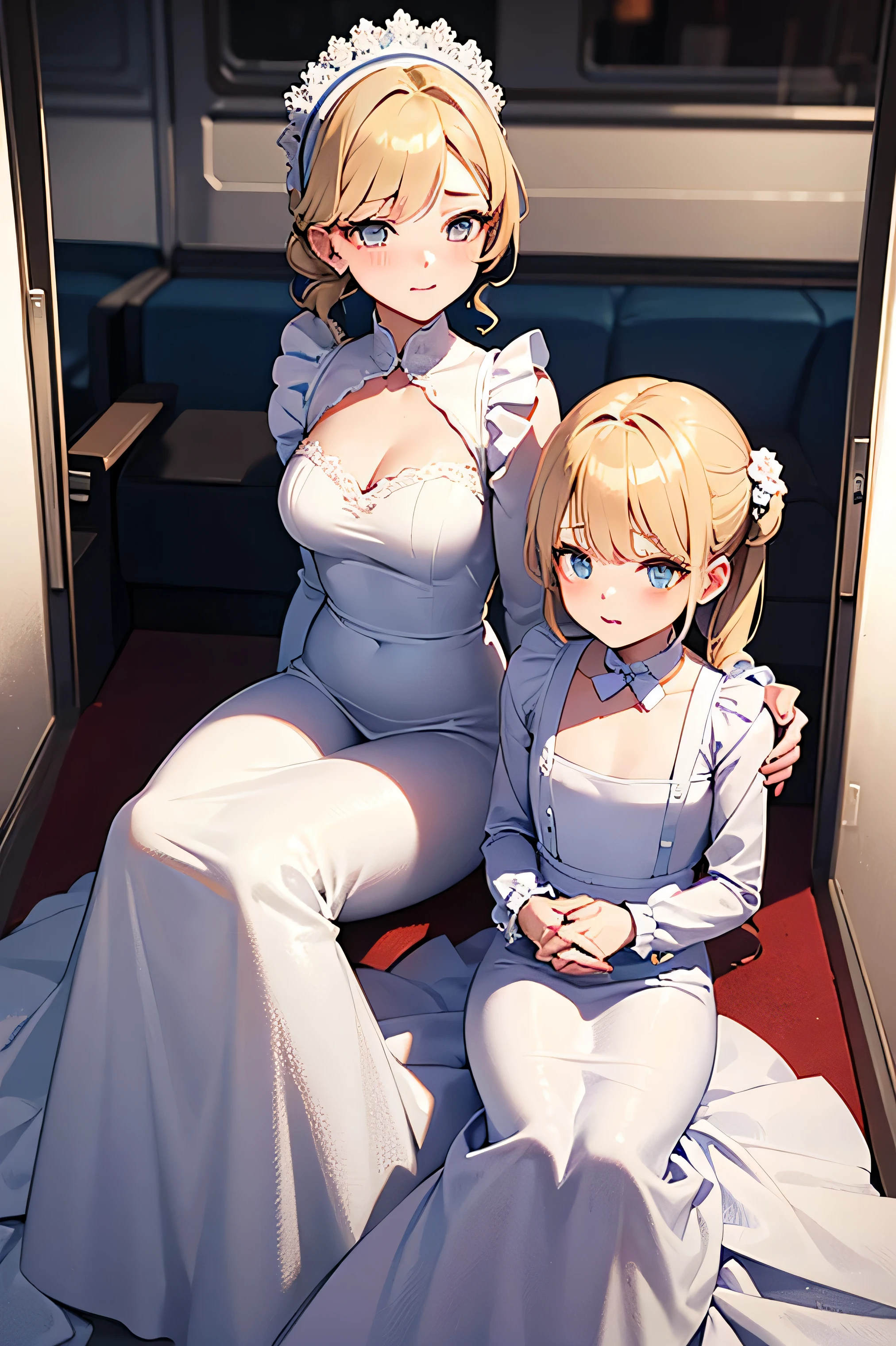 A woman with big ，Gorgeous woman，Mature，((ahegao))，Girl in the Box，Long blond hair，Exquisite，Cleavage，White transparent dress，Slim waist，Showing belly，Smooth legs，blush，Lying in the suitcase，