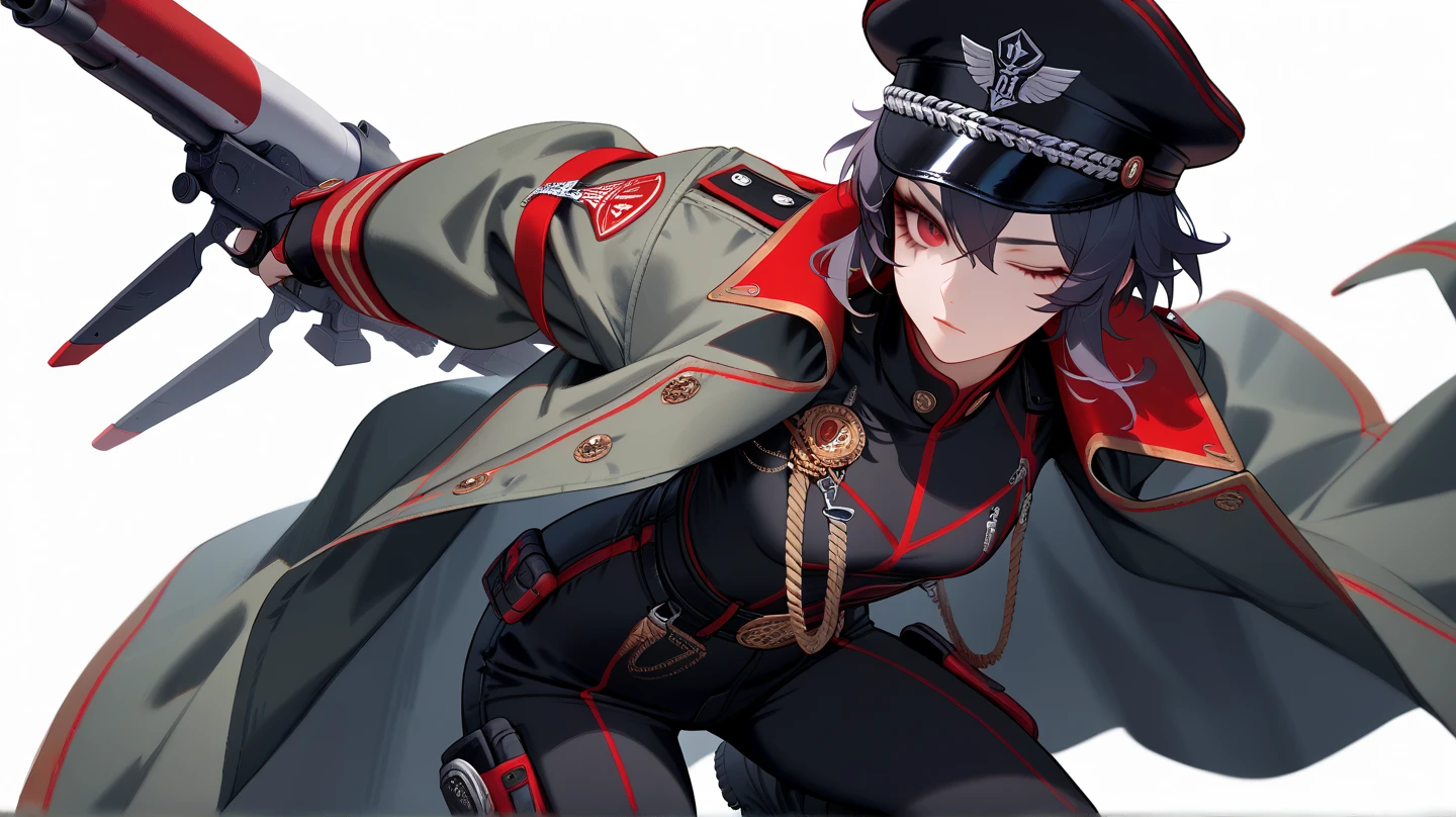 1 man, Wearing a black Empire uniform, White short discovery generational style, Sharp red eyes, He is a hero who fell into darkness,His body was filled with blood, He stands on the bodies of millions, He looked cruel ((25 year old face)) ((There are no more than one person))