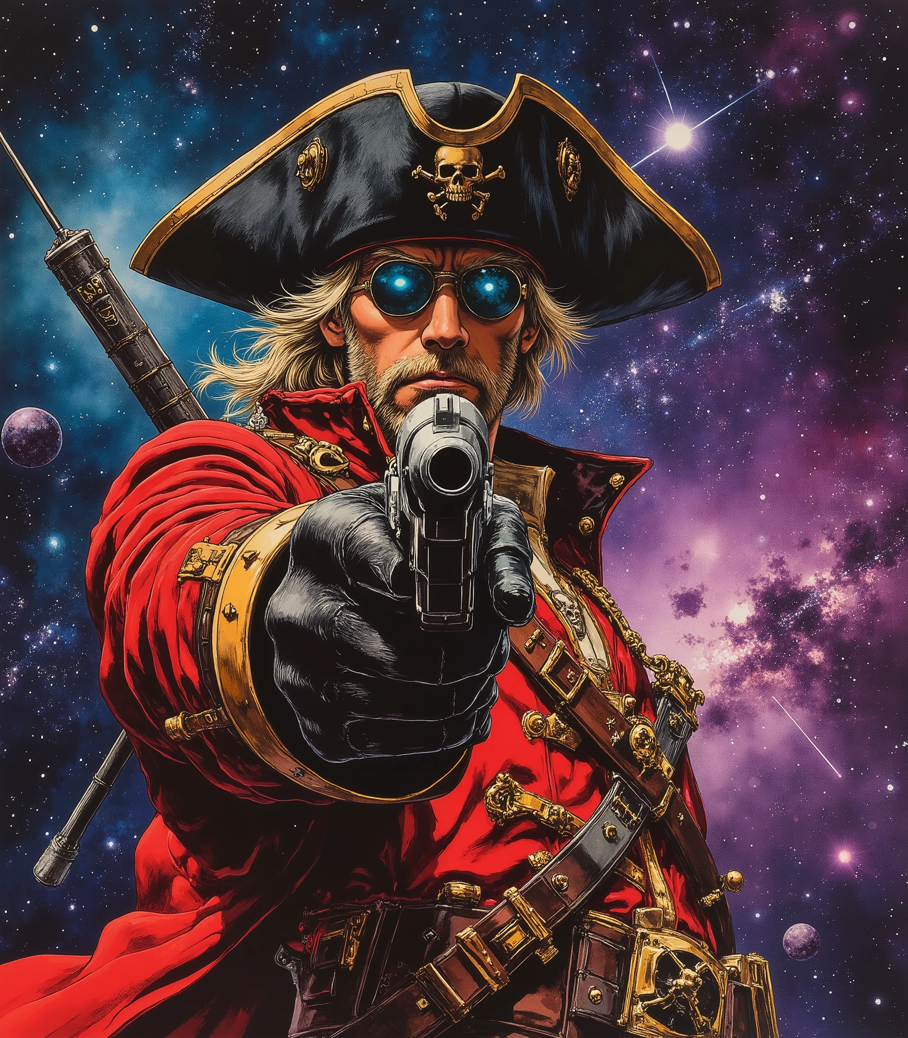 Space pirate Sp4C34N1m3 , points the gun at the viewer