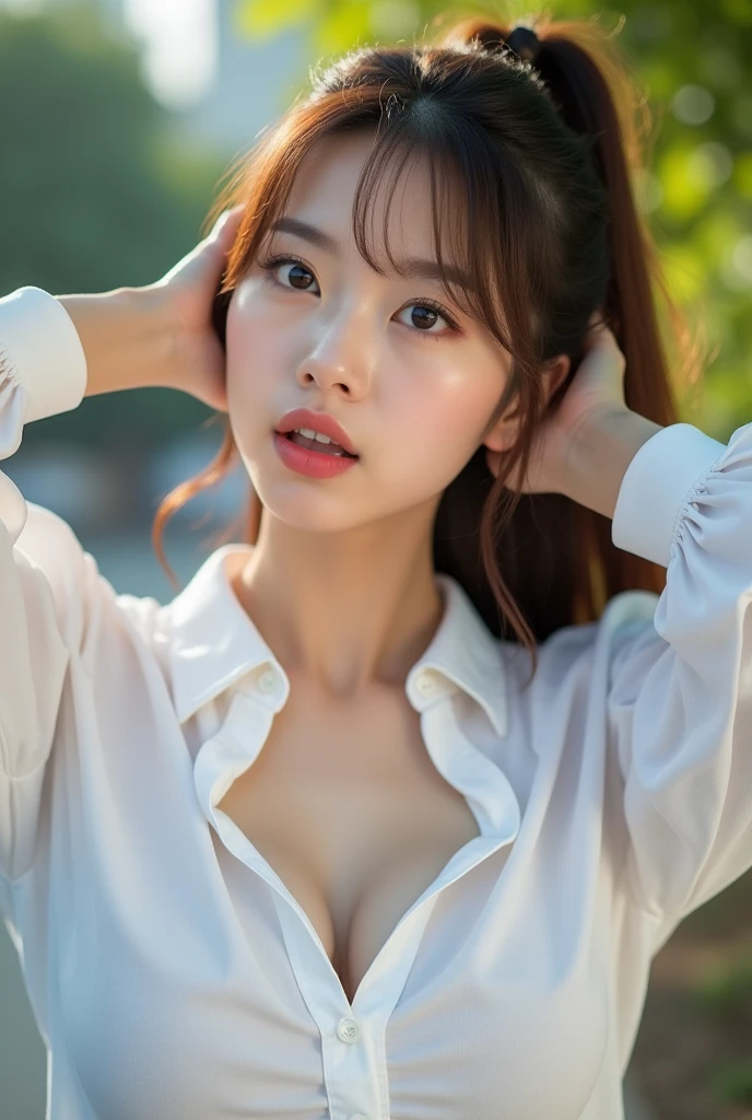(Leica 10772 M-P, 85mm macro lens, F/8 aperture, film still), (RAW shooting, Photoreal:1.5, 8K, highest quality, masterpiece, ultra high resolution), bed room, Highly detailed skin and facial textures:1.2, Japanese girl, (Fox eyes:1.2), 32 years old, Fair skin, white skin, Emphasize the cleavage, (high pony tail hair:1.3), blunt bangs, (red hair:1.3), (silk dress:1.3), (super tight dress:1.3), (Bra and Garter Belt Set see-through:1.2), (rain drips all over my body:1.2, wet body:1.4, wet blond hair:1.3), grin, squinting dazzlingly, milk, milky white, beautiful brown eyes, Beautiful collarbone, (sweat like a pig:1.3), colossal tits, (seductively posing on all fours on a bed:1.3), looking up flirtatiously