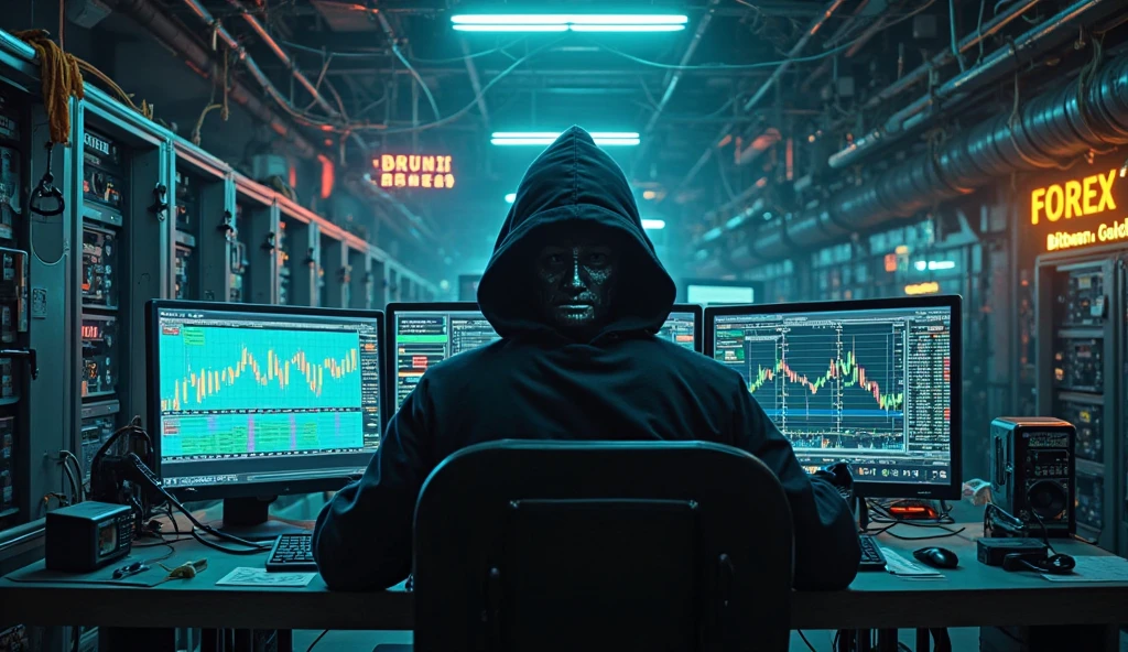 man with the following characteristics Looking at a PC with a mask covering his entire face and his eyes glowing green or bright cinematic blue with several giant computers with FT trader written on the screen clearly visible on the side, many dollars on the table with 8k memes effects, surreal, digitl art, brain waves, flow of information, cultural transmission, subconscious, abstract pattern, psychedelic, neon colors, glitch art, cyber punk, cinematic lighting,