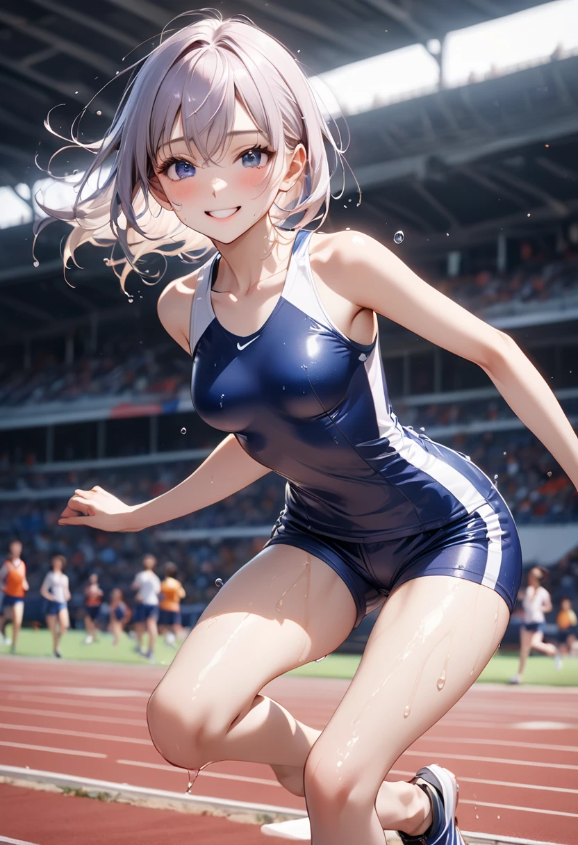 very cute and beautiful girl,(Very detailed beautiful face and eyes:1.2),(((scantily clad:1.2))),(Smilingly),Outdoor sports,((Three-point swimsuit)),absolute chance,everlasting,Detailed legs,dynamicposes,dynamic angle,black hair color hair,shairband,Flat cat ears are short and delicate,squatting pose,(((The body faces the audience))),(Short hair has the most exquisite temperament,tmasterpiece:1.2),Complicated details,A high resolution,Just focus,natural lightting,((white slime)),(((young)))