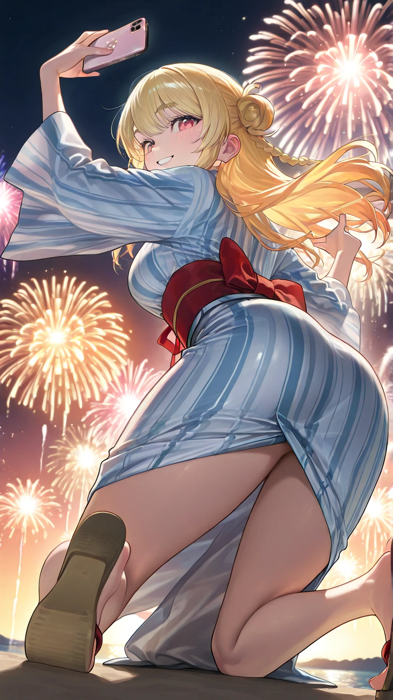 (anime style),masterpiece, best quality, extremely detailed,from side,from directly below,tanned skin,15year old,dark skin Beautiful body,bouncing_breasts,BREAK,bwet hair,for head,BREAK,smile face,lick one's lips,half open mouth,eyes half open,sensual face,detailed lips,BREAK,red ribbon,BREAK,ripped Cinderella costume,navel,slit down the side,break,head tilt,Night sky,coquettish pose,Detailed crotch,motion lines,girl on top,stomach to stomach,1faceless man,interlocked fingers,firework