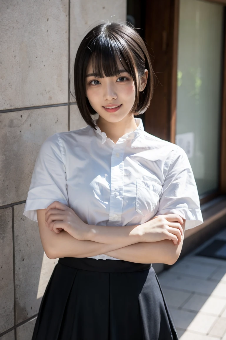 Masterpiece, high quality, high resolution, 8K, ((Skinny Japanese woman in a costume which consists of a short-sleeved white shirt and a light-brown long skirt)), beautiful face, natural makeup, detailed face, detailed eyes, a photo that feels endearing