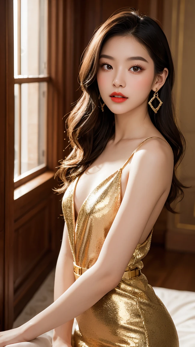 ((masterpiece,Highest quality)(Best image quality,8k)),alone,Full Body Shot,Japanese,Beautiful woman,sexy,glamorous,Big Breasts(1.7),Waist(-1.2),length, Thin legs,Deep neckline、Thin, small underwear, Transparent lace fabric that lets your skin show through,Stiletto heels,((At the hotel , wearing a glamorous dress and holding a cocktail glass、微笑むsexyな女性))