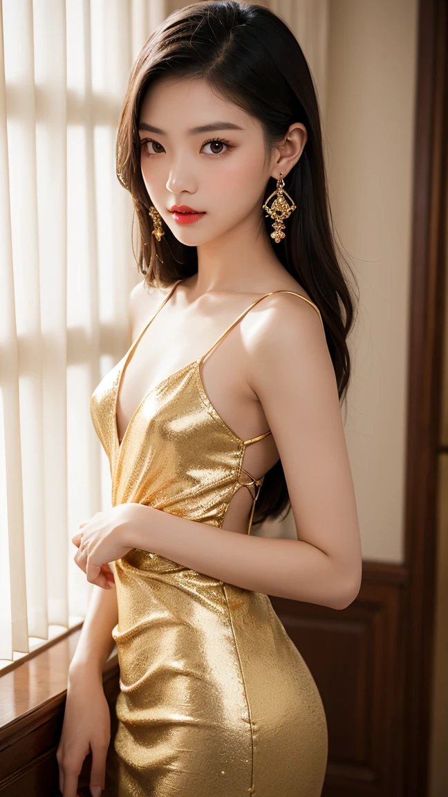 (((best quality))),(((ultra detailed))),(((masterpiece))),illustration,1 girl,solo,slim,thin,shoulder length straight bob hair,earrings,necklace,small ,flat chest,slender legs,high heels,Asian appearance,princess,royal,Chinese palace,night scene,magnificent dragon gown,golden crown,intricate embroidery,luxurious fabric,precious stones,(sitting on the metallic bed:1.3),(arms behind back:1.3),decorative patterns,rich decorations,luxurious furnishings,regal charm,beautiful face,gentle smile,bright eyes,historical,traditional,city lights,modernity,frozen moment,beauty of the past,evolution of time,(from front:1.3),(spread 1.3),(upper body:1.2)