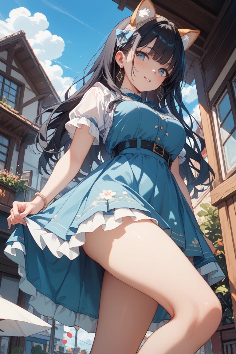 (An adult woman is standing and lifting her skirt., Grab the hem of your skirt, 地面から上にWindがふきスカートがめくれてパンティが見えている, Sexy and cute white panties:1:3), Beautiful Anime Woman, Beautiful art style, Anime characters, ((Smooth texture, Realistic texture, アニメCGWind)), ((Highest quality)), (Very detailed), (Very detailed CG 統合 8k 壁紙), Very detailed, High-resolution RAW color photos, Professional photography, masterpiece, Highest quality, beautiful and big breasts, Slender body, (Stunningly beautiful woman), (Detailed face:1.2), (Blue Hair, White Dress, White mini skirt, belt, Red eyes, Circlet, boots, Blue Cape:1.3), Outdoor, nature, Wind, Perfect lighting, Perfect Shadow, Exact number of arms, Exact number of legs, Perfect Anatomy, Exact finger count、Exact number of legs、(Exact number of arms:1.0, Exact number of hands:1.0), (Perfect hands, Perfect Anatomy), (Embarrassed expression), Angle from the front