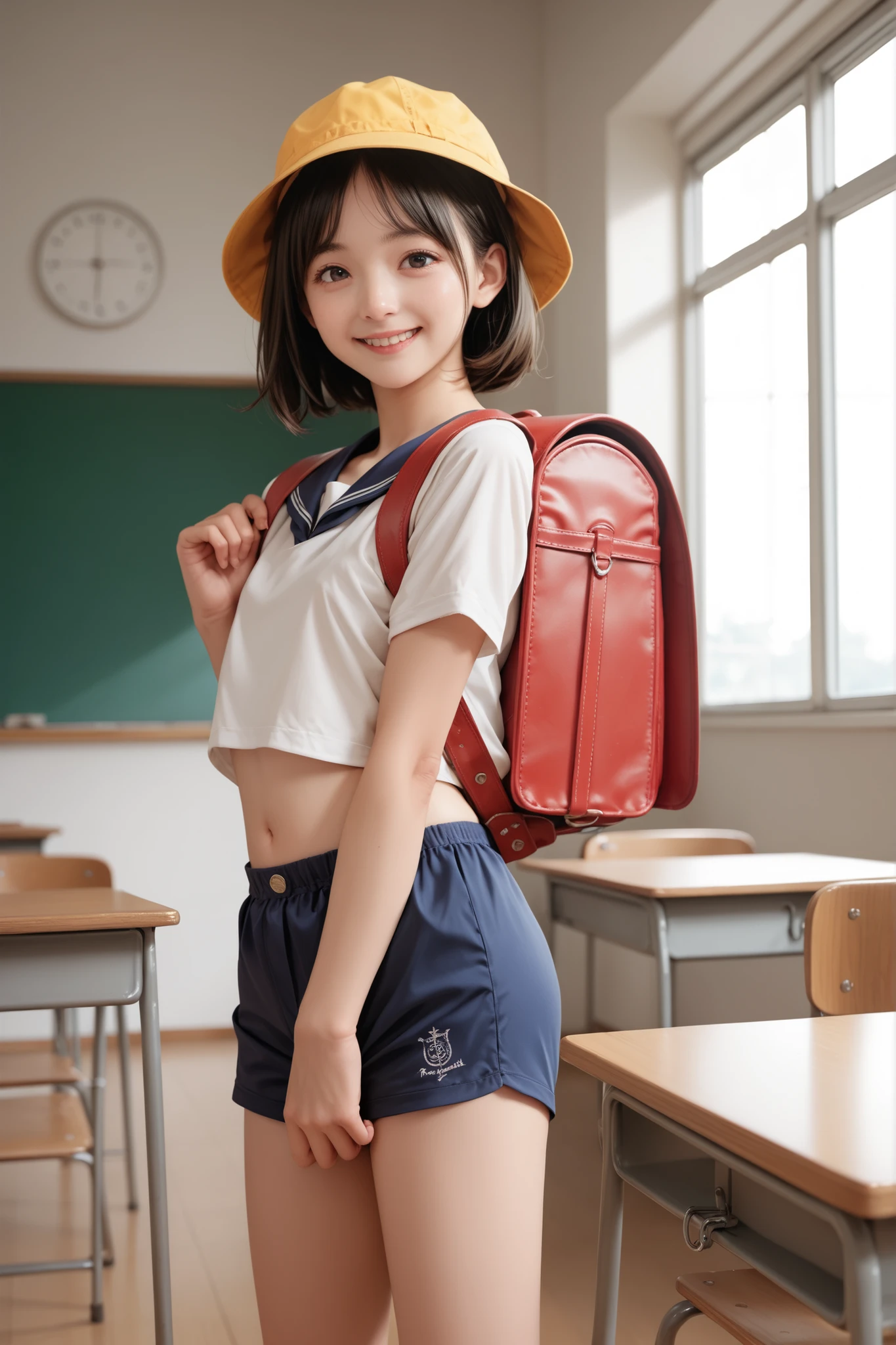 1 girl,school classroom,gap,,Luanie0159 ,satchel,(white t-shirt, belly button out:1.2, Navy blue shorts),backpack,yellow hat,school hat, score_9, score_8_up, score_7_up, score_6_up, score_9, score_8_up, score_7_up, score_6_up source_anime, , 1 girl, Deuce Smile, Perfect Body , natural flat chest