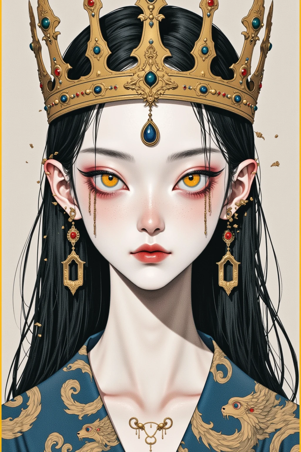 Art Illustration,Dark Style,(((1The princess wears a golden crown on her head - the eyeball decoration on the crown,Double braid,独奏,third eye on the forehead,big eyes,Dark eyeshadow))),(((Gorgeous Japanese red kimono:1.6,Eye Diagram,Dark Pattern))).(((Thin waist,Greenbelt:1.37)))whole body