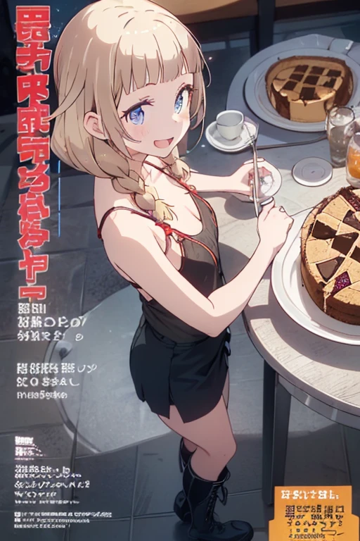 (small :1.2), (perky chest:1.2), (pointed chest:1.2), (Pudding cake magazine cover:1.3),(from above:1.0),(shoot from the side:1.1),masterpiece, 1girl, Amazing Cleavaghin waist, optimum,tmasterpiece,hight resolution,best qualtiy,hyper HD,super detailing,awardwinning,a 18yo cute girl,(The upper part of the body),anatomy correct,Beautiful Black miniskirt,garters,Gaze,Small face,bangss,holster,Beautuful Women,hands up,leg holster,Gaze,black boots,Cowboy Shot,cute face,a blond,Longhaire,Twin-tailed,Braids, Hairline,(scarlet eyes),long eyelasher,Hanging eye corners,White skin of the, ((see through camisole:1.1)), ((Sheer nipples:1.0)),Rits,(Slim body),smileuctive weak smiling,(with sparkling eyes and a contagious smile),little open mouth, Looking at Viewer,