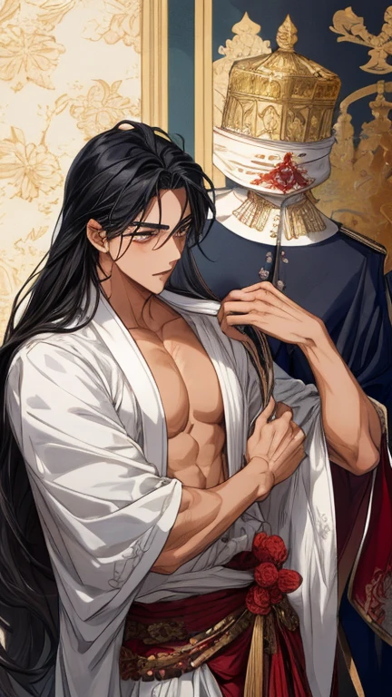 masterpiece, highest quality, High resolution, hancock1, 1 girl, Boa Hancock, big breasts, long hair, epaulet, cape, crop top, side slit, cowboy shot, cleaning, outdoor, sexual smile,2boys,A boy touches a girl's breasts from behind,girl is touched by boy,