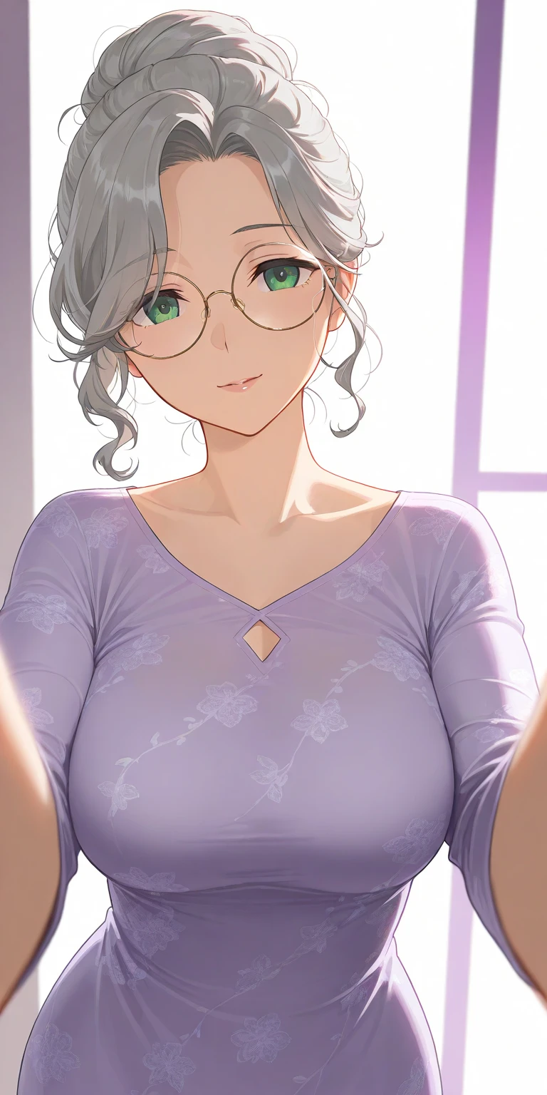 (60-year-old woman, Mature Woman:1.2), Japanese women, whole body, Sheer Lingerie, Browsing Caution, (Pink Frame) Glasses, One girl, alone, good, underwear, chest, jewelry, Earrings, Gray Hair, short hair, chestの谷間, sheer good, View your viewers, Realistic, large chest, Red lipstick