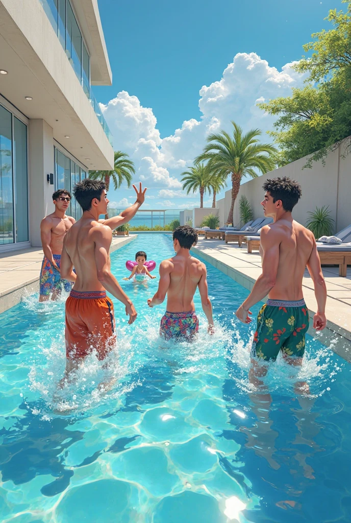A friend on his friend&#39;s shoulders in a pool 
