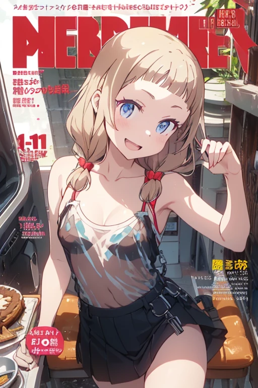 (small breasts:1.2), (perky chest:1.2), (pointed chest:1.2), (Pudding cake magazine cover:1.3),(from above:1.0),(shoot from the side:1.1),masterpiece, 1girl, Amazing Cleavage:1.1, thin waist, optimum,tmasterpiece,hight resolution,best qualtiy,hyper HD,super detailing,awardwinning,a 18yo cute girl,(The upper part of the body),anatomy correct,Beautiful Black miniskirt,garters,Gaze,Small face,bangss,holster,Beautuful Women,hands up,leg holster,Gaze,black boots,Cowboy Shot,cute face,a blond,Longhaire,Twin-tailed,Braids, Hairline,(scarlet eyes),long eyelasher,Hanging eye corners,White skin of the, ((see through camisole:1.1)), ((Sheer nipples:1.0)),Rocket Tits,(Slim body),smile,seductive weak smiling,(with sparkling eyes and a contagious smile),little open mouth, Looking at Viewer,