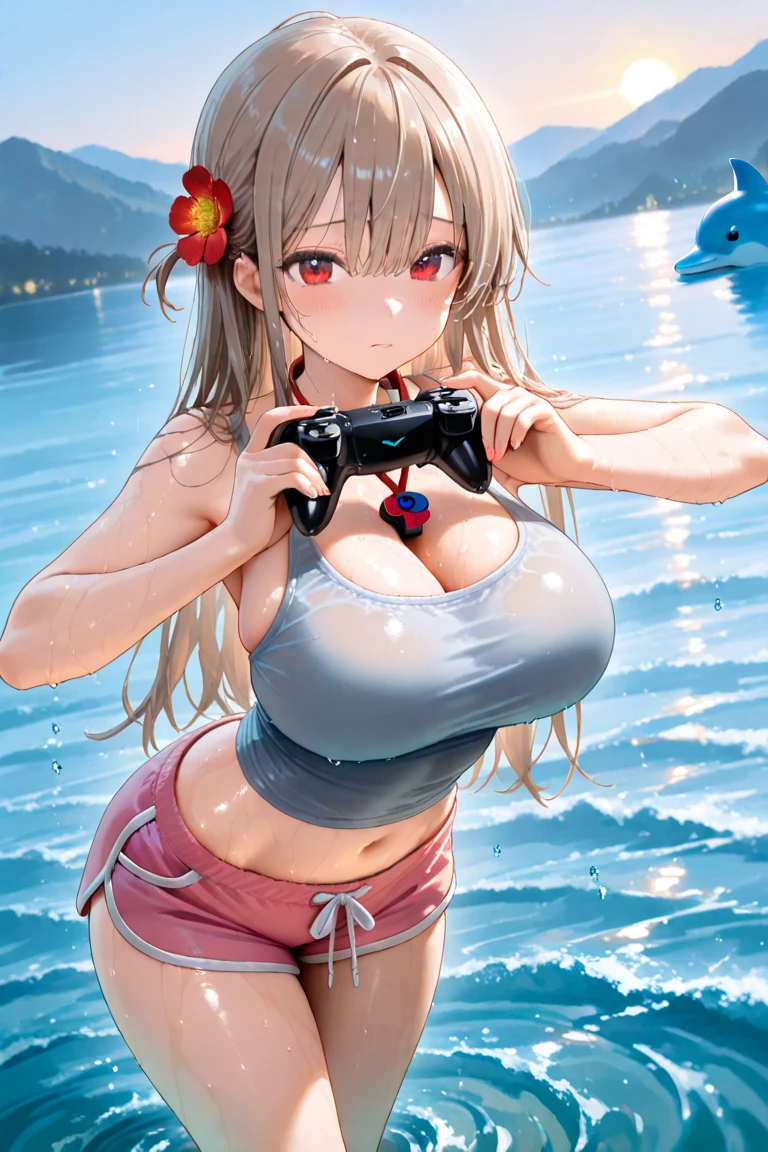 sensual、8K、4K、highest quality、High resolution: 1.2)、cute anime face、noise reduction、shining blue eyes、naked、naked足、young face、Animated eyes、brown long hair、(((big breasts)))、nude、Sit in the cockpit