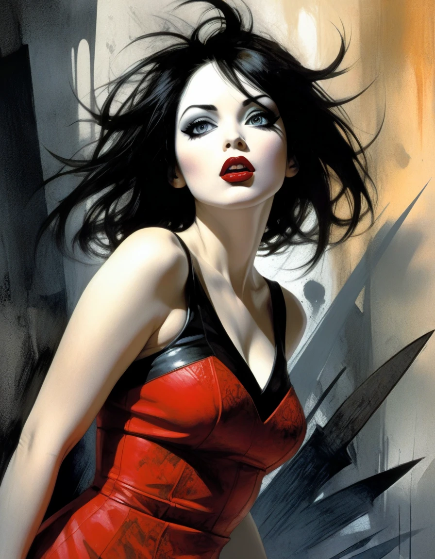 A painting of a woman in a red dress kneeling, grayscale phtoto with red dress, beautiful anime girl crouching, girl wears a red dress, low res, Fully clothed. painting of sexy, beautiful and seductive anime woman, Red and black color, sultry digital painting, girl pinup, Wearing a red dress, ff Tifa, in a red dress