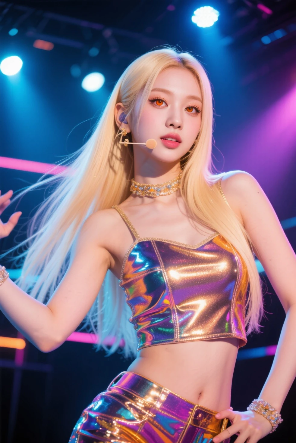 (8K, 4K, Best Quality, Highres, Ultra High Res:1.1), (Masterpiece, Realistic, Photo-Realistic:1.1), 1girl, Face, Close-Up, Twintails, Blonde Hair, Black Eyes, Red Lips, (Looking in Audience: 2), Wearing a trendy basketball vest, open waist, sweatpants, ridiculously long hair, long eyelashes, eye shadow, small face, big eyes, bare shoulders, high contrast,