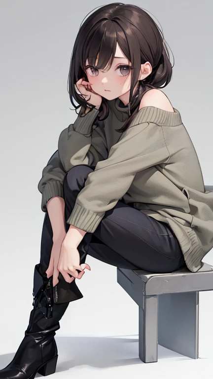 (masterpiece:1.3),(best quality:1.2),(absurdres:1.1), (full body:1.1), large sweater, no pants,
mgk_akane, covered ears,looking at viewer,
(highly detailed face and eyes:1.1),simple background,