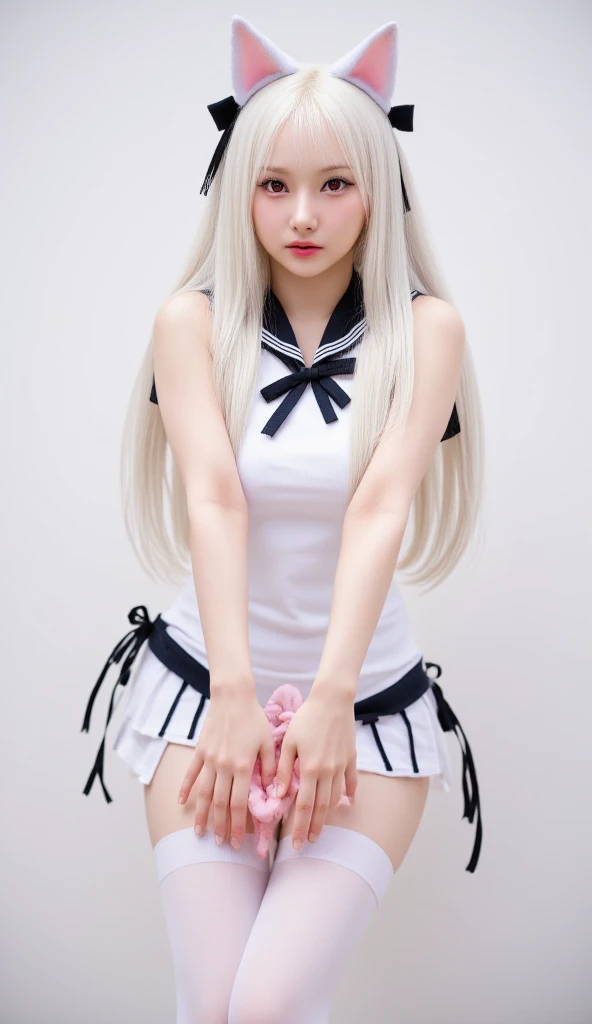 Best quality, high quality, masterpiece, high resolution, detailed, one girl, cute girl, twelve years old girl, no panties, lying, spread legs, white hair, blue sailor skirt, sailor suit, black over knee socks, long hair, large breasts, show off nipple, no shoes, on bed, detail, good pupil, 4k