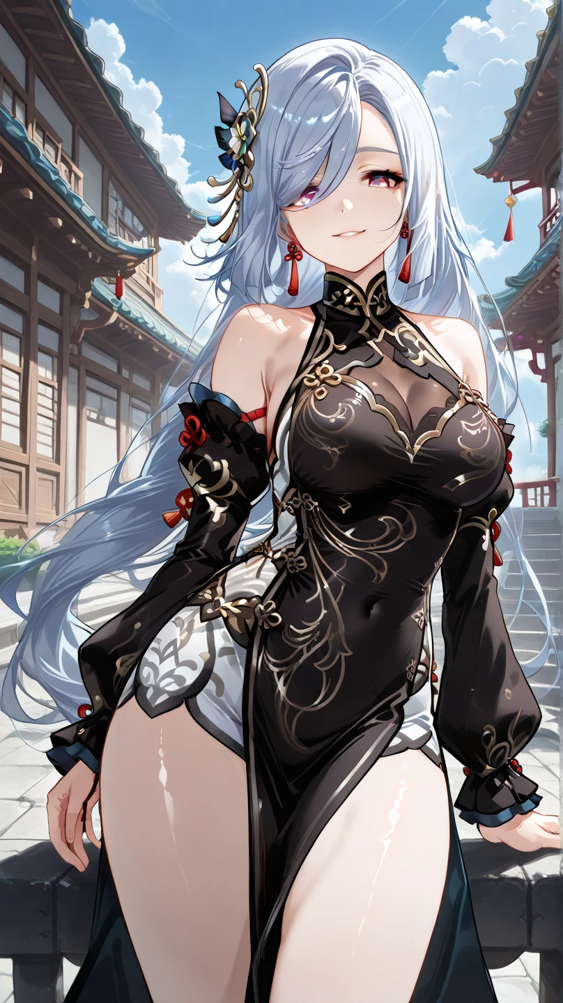 (((Highly detailed, highly detailed CG unified 8k wallpaper, illustrations, high resolution, absurdity, beautiful detailed eyes, fine breasts, highly detailed hair)), ((Masterpiece))
outdoor, sky, cloud, grass,
((beautiful detailed eyes)),
1 Girl, Solo, Chongqing
POV crotch,
cowboy shots,
bangs, mouth closed, medium breast, braid, yellow eyes, gray hair, double bun, chest, smile,
gloves, thighs, hair buns, elbow gloves, white thighs, white gloves, hair ornaments, shawls, side slits, dresses, braided buns, sleeveless, (floral), pelvic curtains, skirts, red skirts, shoes, red footwear, alternative costumes, braided buns, bare shoulders, braided bangs, (fur trim on clothes: 1.1), hair flowers, chinese dress, chinese clothes Big tits