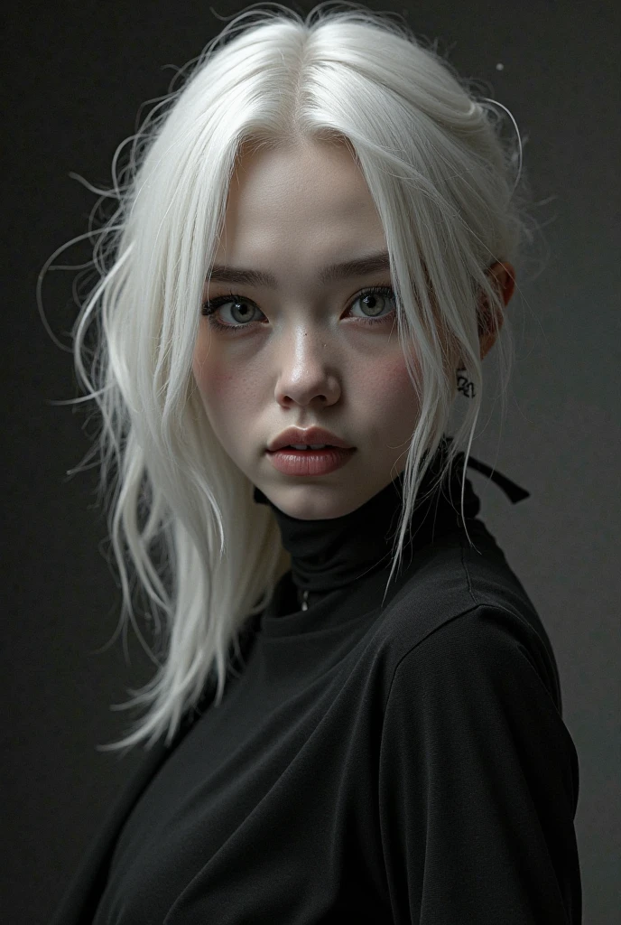 Jennie, straight white hair and pale skin, full lips