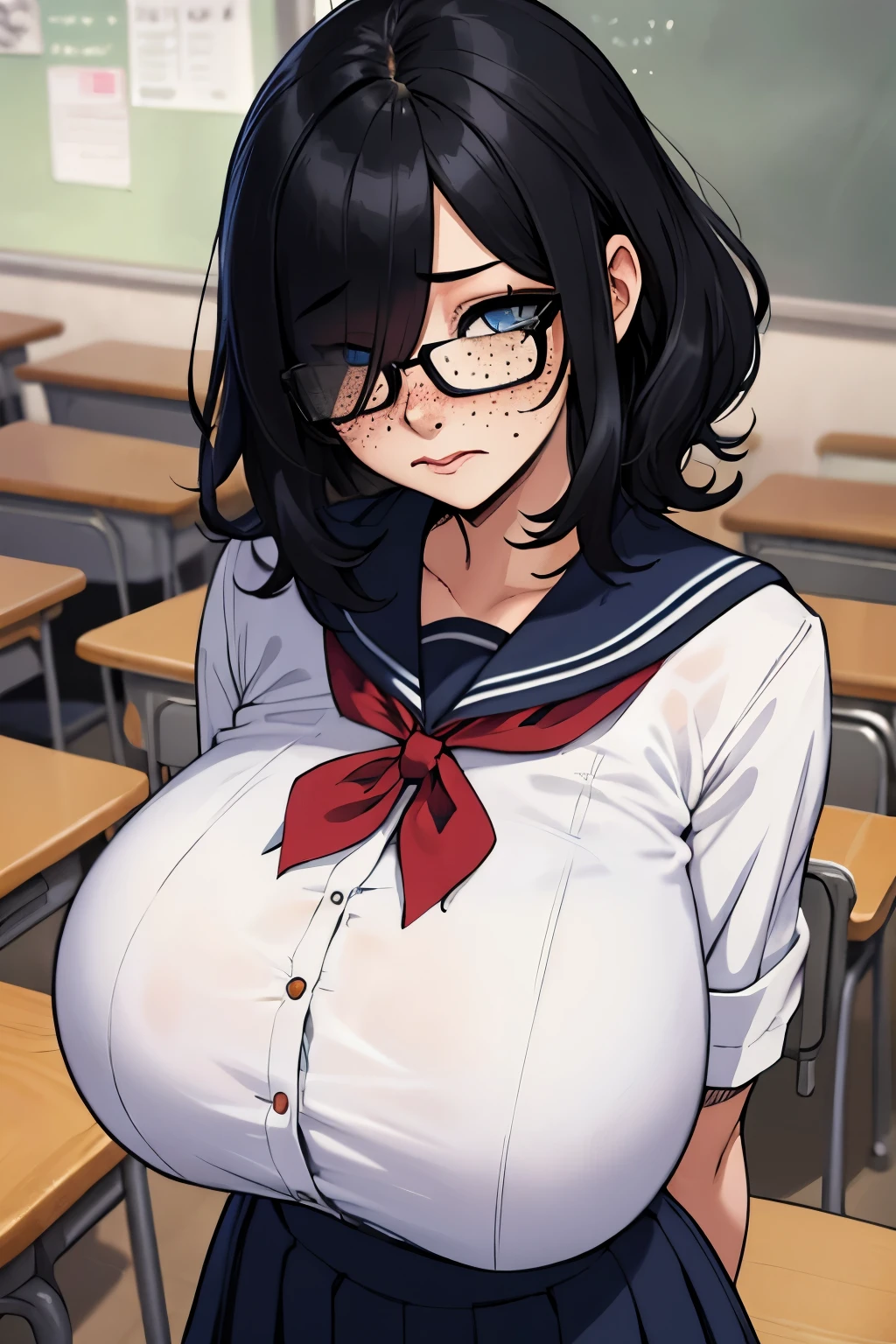 Schools、book library、hyper detailed illustration、masterpiece、top-quality、超A high resolution、high-level image quality、girl with、AHE Face、put out the tongue、droolng、open one's legs、(perspiring、bodily fluids:1.6)、Angle from above、Colossal tits、Voluptuous body、Scruffy body、eye glasses、A dark-haired、Medium Hair、Braydon Freckles、a sailor suit、open one's legs、crouching down、(Hands behind the head:1.4)