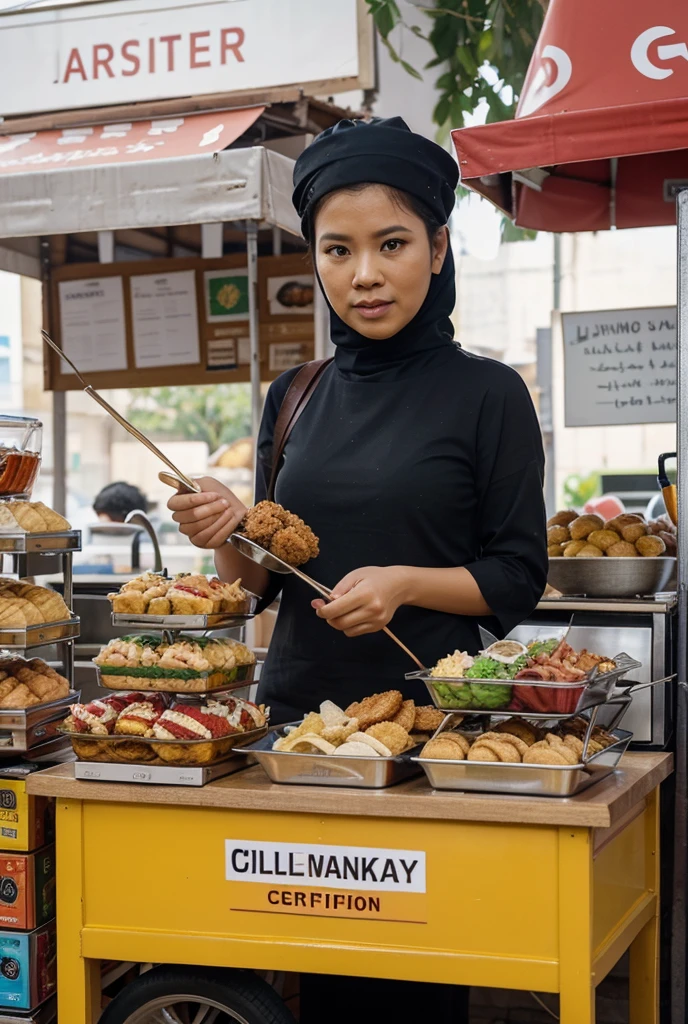 (masterpiece:1.1, Best Quality:1.2), High resolution, 32K, (hijab:1.2, Sexy mature Malaysian woman:1.7, Night Market Street in Malaysia:1.5, Cooking in a food truck on the street:1.5), (Tits:1.8), (dressed casually:1.8), Full body shot, hyper detailed face, Ultra-realistic skin texture, Detailed eyes,