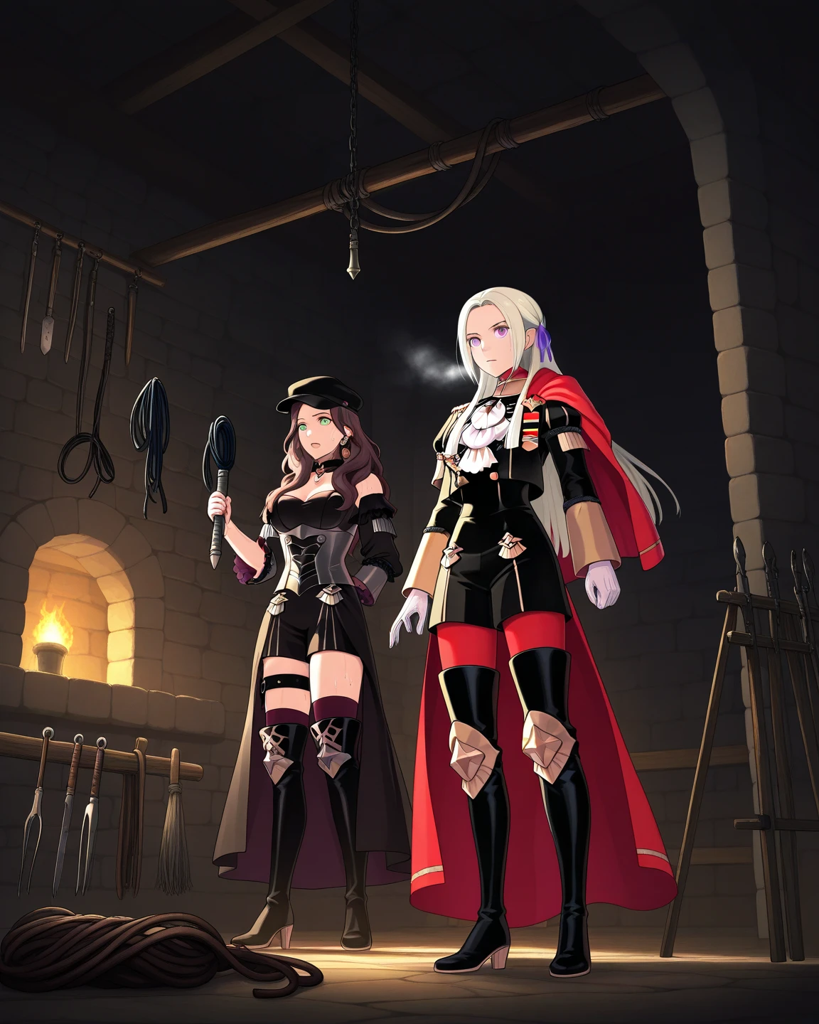 standing straight symmetrical, full body ON WHITE BACKGROUND barefeet, Swordmaiden-Goblin Slayer, BLACK BLINDFOLDED, black choker on neck, ((slave human female)), shackles on legs and arms,