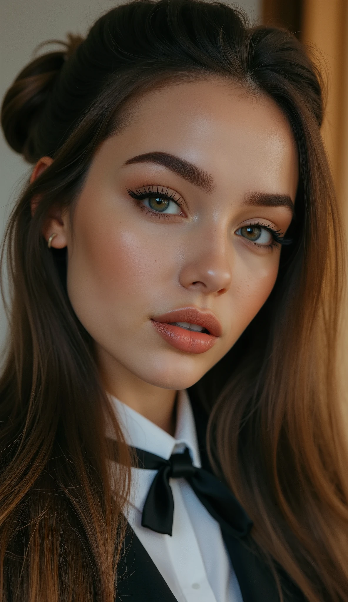Nice cute girl in uniform, detailed face, beautiful facial expression, sensual pose, soft lighting, Реалистичный 8K, photorealistic, highly detailed, incredibly realistic, photographic quality, perfect design, professional studio photography, amazing color rendering, incredibly realistic leather,  flawless hair , fine texture of clothes, elegant composition, carefully recreated surroundings, amazing natural light, deep sharpness, perfect balance of color and light