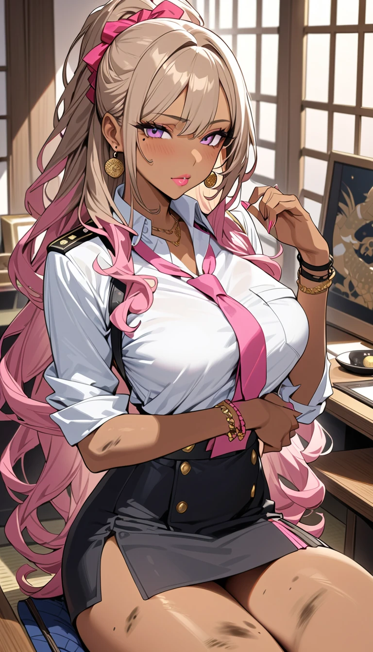 "(masterpiece:1.1), best quality, (NSFW:1.1),
1girl, gyaru, (80s anime style:1.3), (eyelashes:1.5),
(intricate high detailed body:1.2),
blonde hair,
(hair slicked back:1.2), (short hair, twin bun:1.1),
purple eyes, (gothic makeup, red lip stick, eye shadow:1.1),
(loli body:1.2), (gigantic breasts:1.5),
(naughty face:1.2), open mouth,
(school uniform, skirt, midriff peek:1.1),
zipper, fishnet tights, long gloves, hoop earrings, necklace, streaked hair,
standing,
upper body,
(classroom:1.2)"