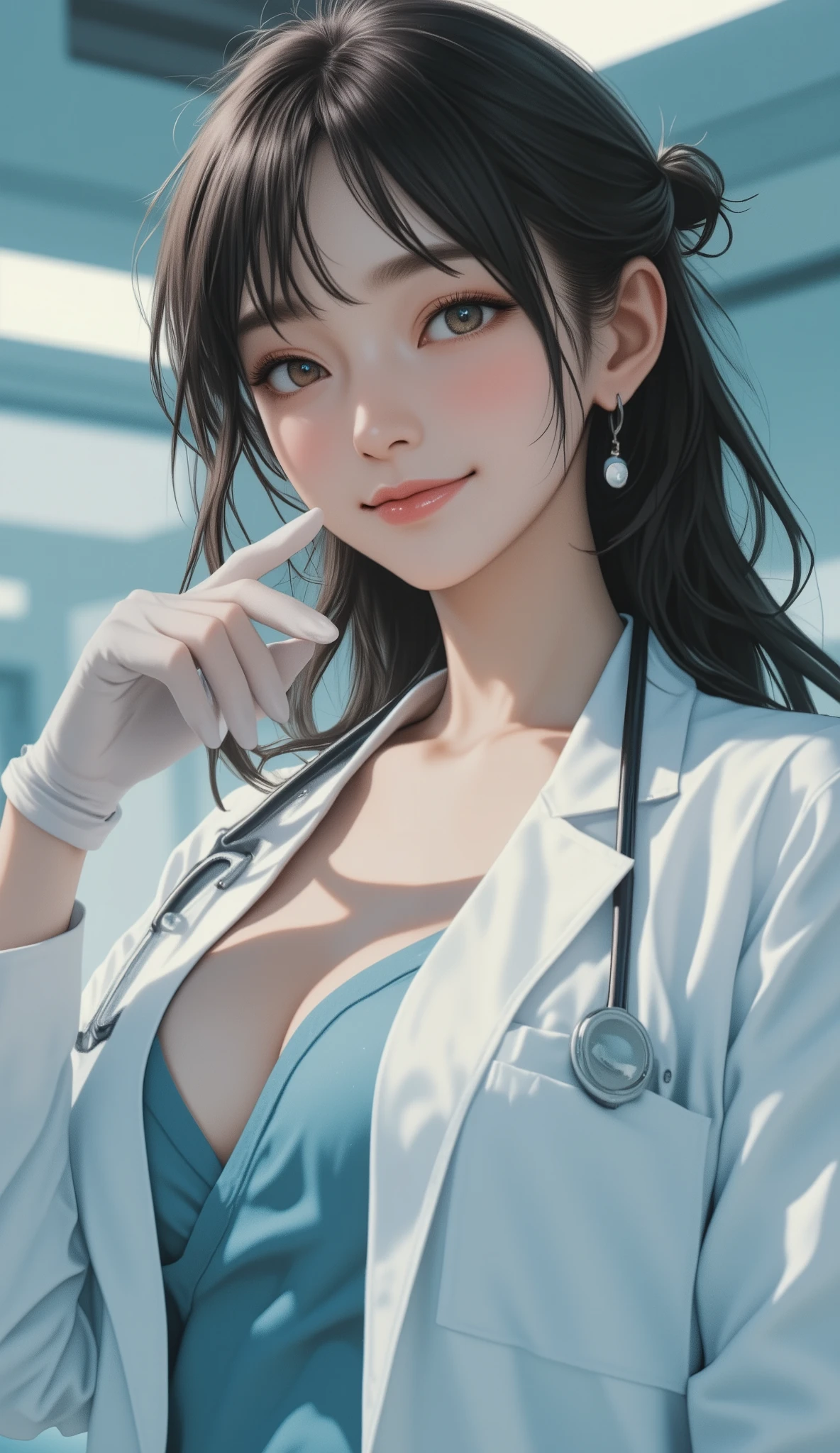 extreme close-up shot, beautiful Japanese female doctor with actress-like face, sexy and busty, upper body only from chest up, wearing a loosely worn white doctor's coat showing cleavage, gently smiling with a smug and confident expression, putting on surgical glove in front of her face with one hand, elegant pose, clean and bright surgical room background, cinematic soft lighting, seductive and captivating, ultra detailed and realistic, TV drama style --v 5 --ar 16:9