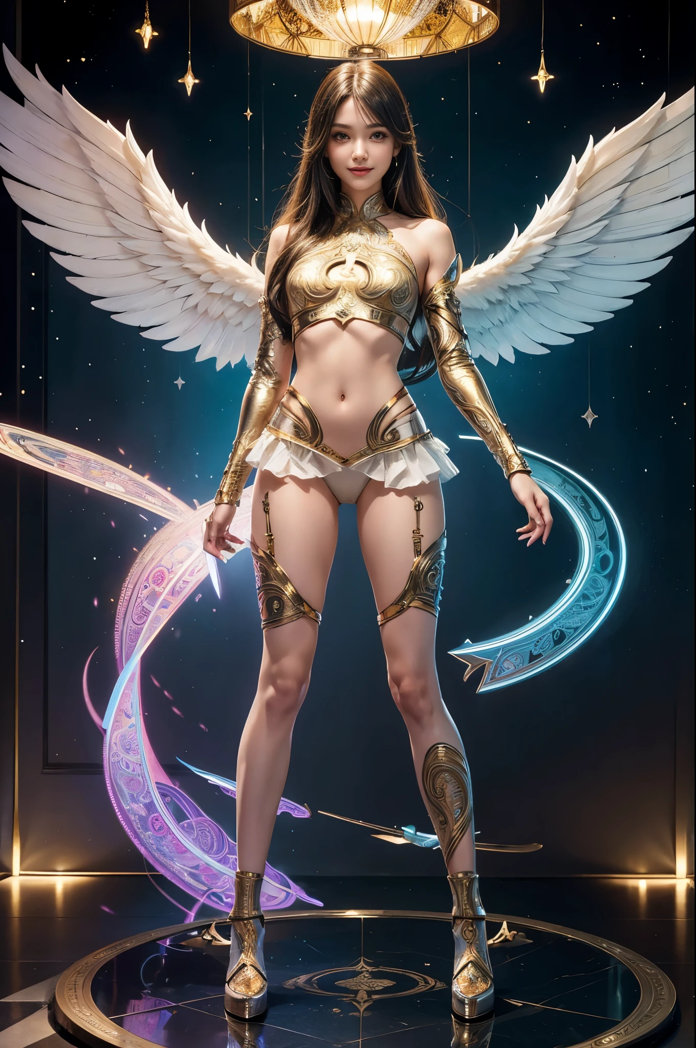 an angel girl,
silver hair,metal armor(armor with open chest area),Buster Sword,hides her nipples and vagina with her hands,white platform boots, eyes with large brown irises, blunt bangs,small mouth, fresh lips,nose blush,in nebula,
,(Full Figure),beautiful lighting, volumetric lighting, dynamic angle, looking at viewer, (photographic portrait), sharp,