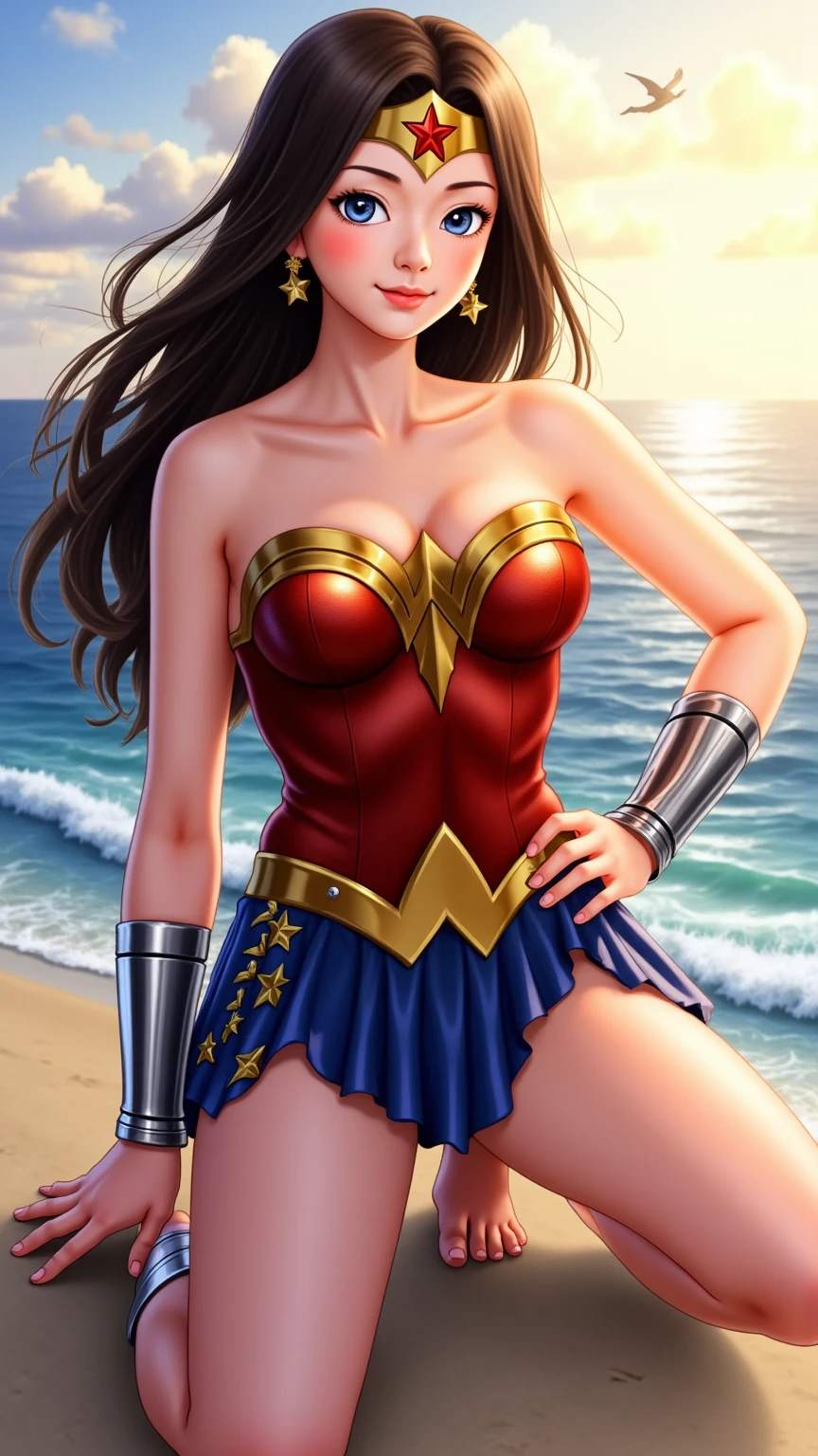 masterpiece, best quality, beautiful art, high resolution, well formed hands, body and fingers, 1 woman, solo, wonder woman,  tiara , long hair,, adult, big breasted, cleavage, full body, sexy and skimpy outfit , gorgeous legs and thighs , dancing seductively and erotically, turning backwards and forwards, showing her back and front, showing her butt,  bikini thong, smiling joyfully, looking at the viewer, flirting, beach environment 