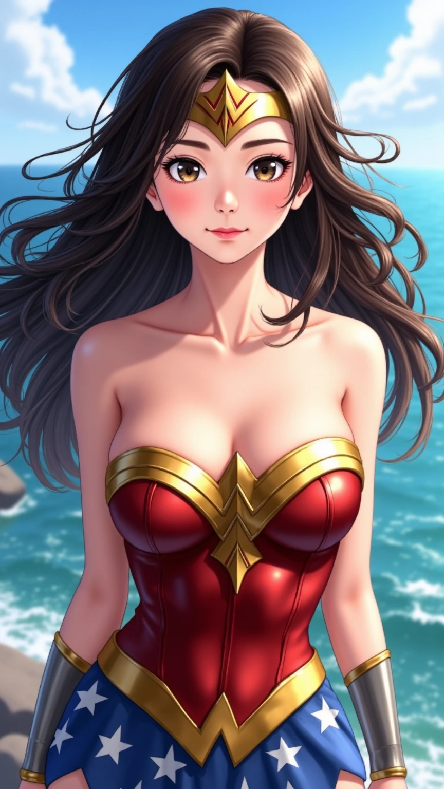 masterpiece, best quality, beautiful art, high resolution, well formed hands, body and fingers, 1 woman, solo, wonder woman Lynda Carter, tiara , long hair,, adult, big breasted, cleavage, full body, sexy and skimpy outfit , gorgeous legs and thighs , dancing seductively and erotically, turning backwards and forwards, showing her back and front, showing her butt, bikini thong, smiling joyfully, looking at the viewer, flirting, beach environment