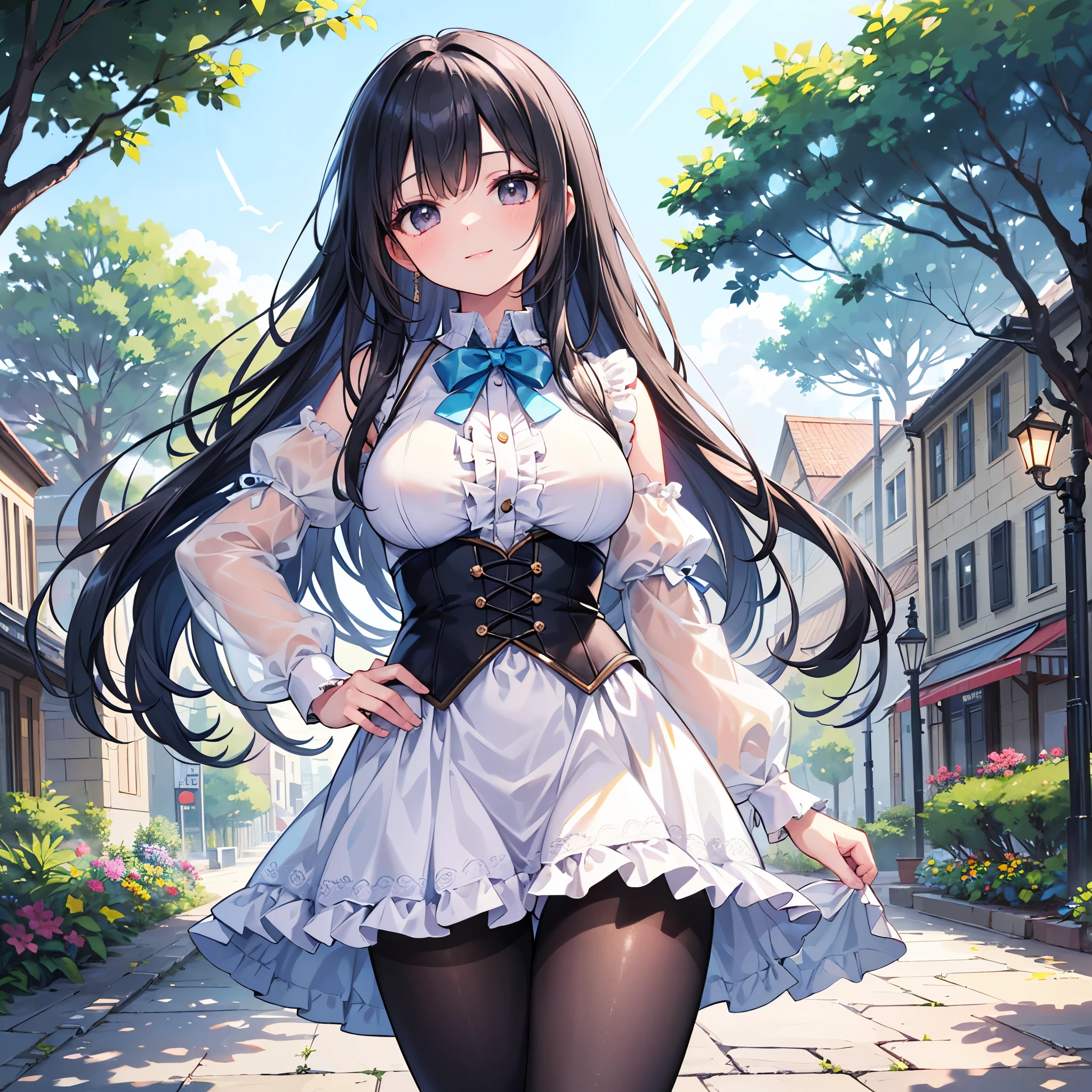 highest quality, masterpiece,  from below, Girl with long black hair, White sleeveless short dress with black lace on the chest, looking at the viewer,  panties, garden, enchanting smile, open your mouth, 